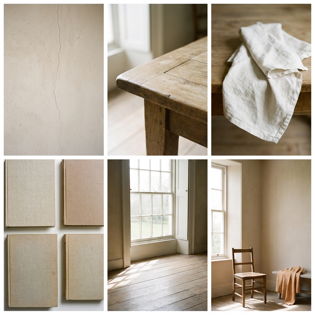 Moodboard: stille Materialstudien aus einer hellen Mühle — Kalkputz, Holz, Leinen, Tageslicht